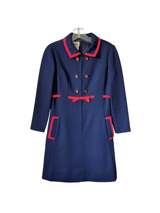 Rona Dresses & Skirts - Vintage Rona Coat Dress Medium Worsted Wool Acetate Navy Blue w Red Trim As Is